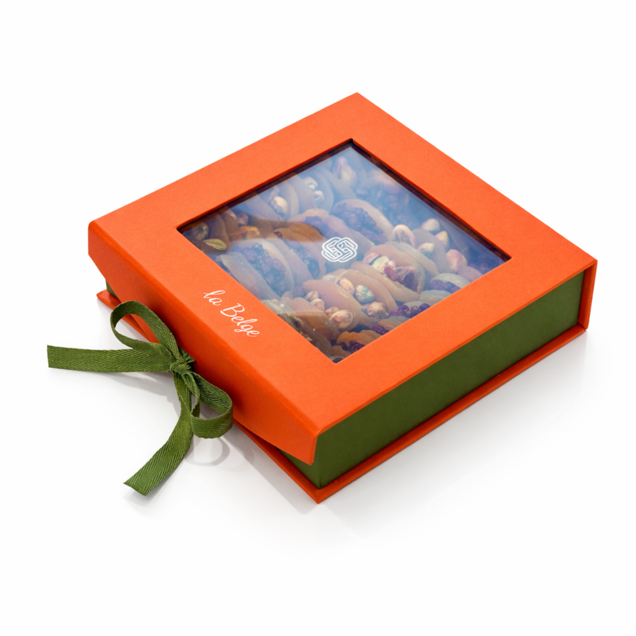 Dried apricots filled with pistachios and pomegranate in a luxury gift closed box by La Belge