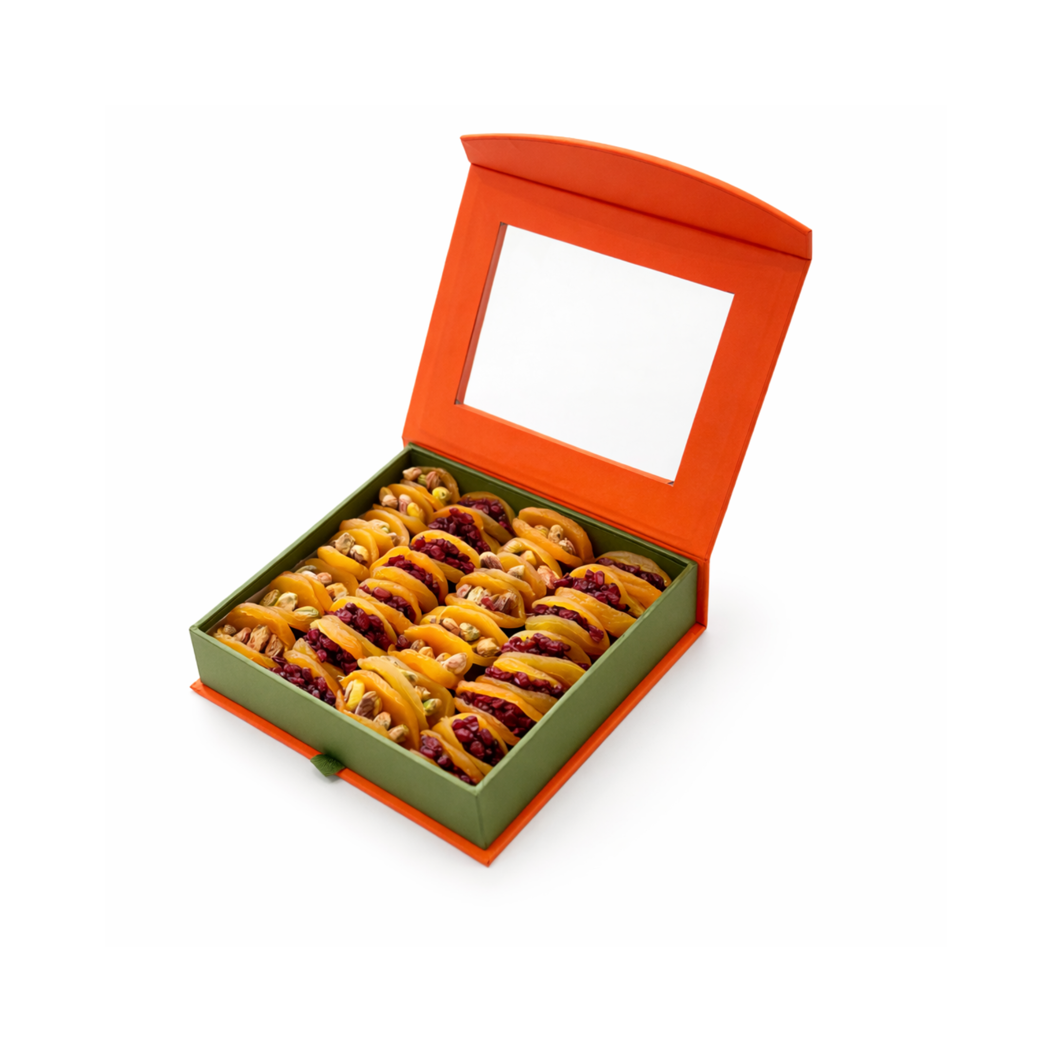 Dried apricots filled with pistachios and pomegranate in a luxury gift box by La Belge