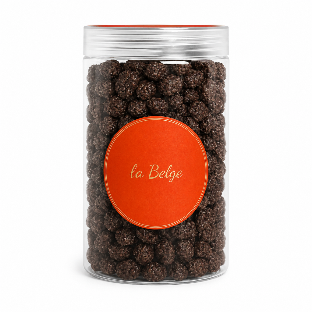 La Belge jar filled with premium roasted coffee beans coated in rich Belgian dark chocolate.