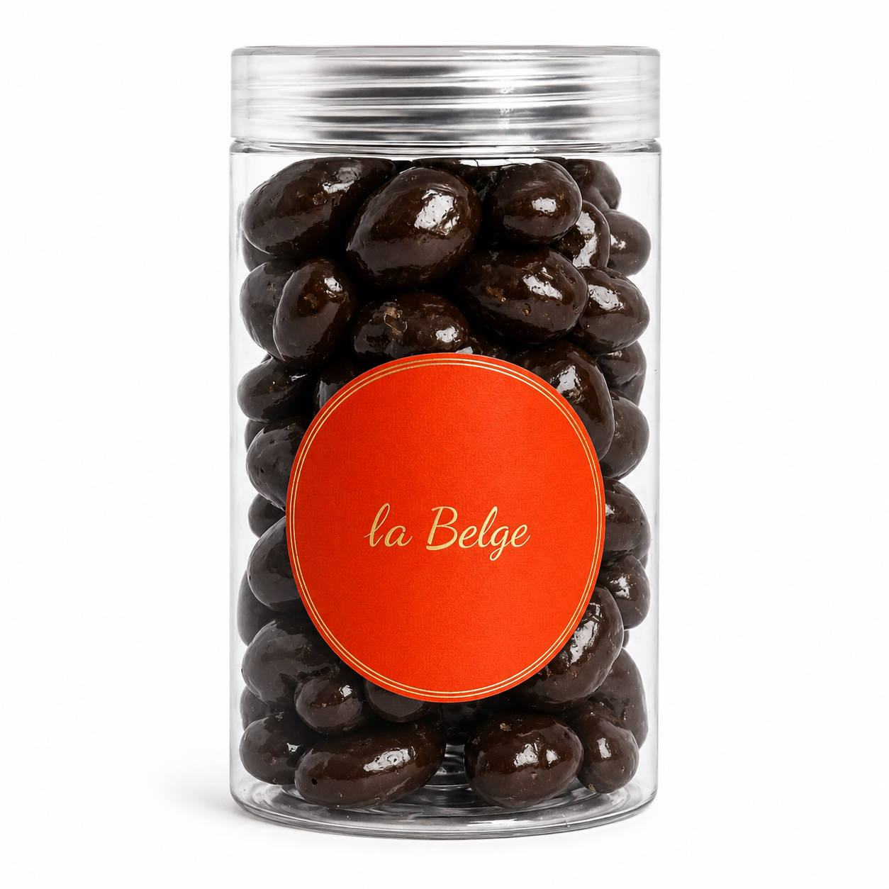 La Belge jar filled with premium cashews coated in rich Belgian dark chocolate.