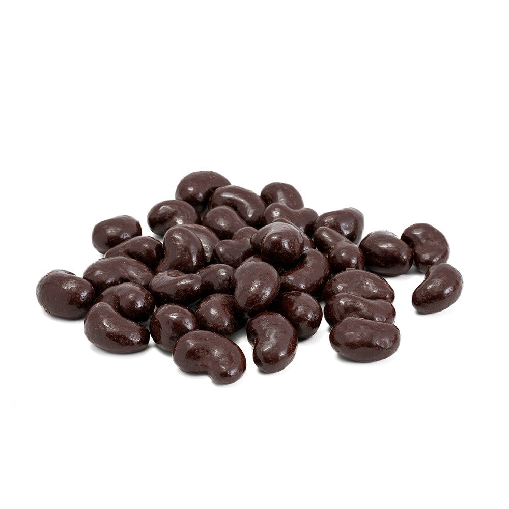 Premium cashews coated in rich Belgian dark chocolate on a white background.