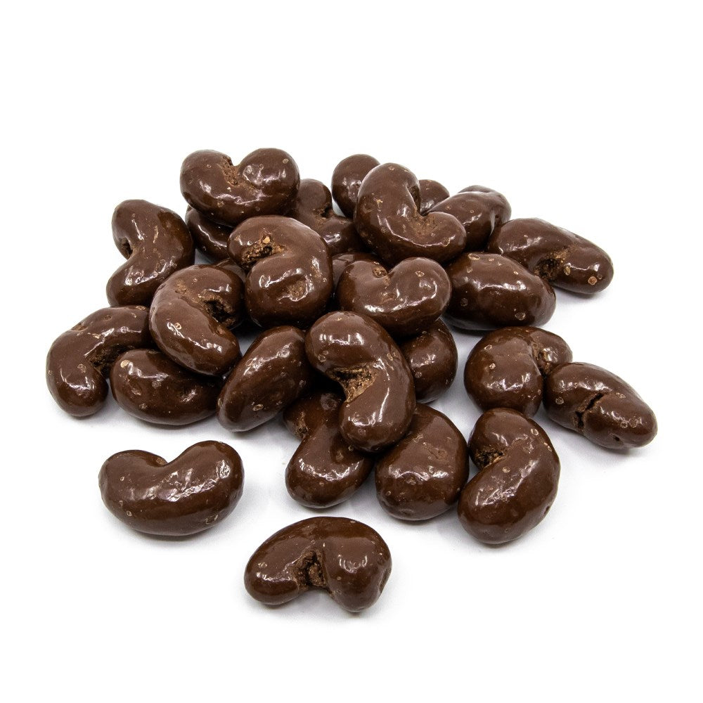 Roasted cashews coated in smooth milk Belgian chocolate by La Belge.