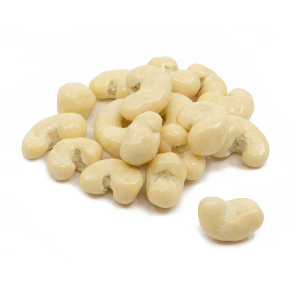 Premium cashews coated in smooth Belgian milk chocolate on a white background.