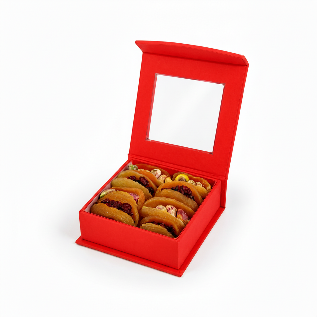     Open box of dried apricots stuffed with pistachio and pomegranate by La Belge