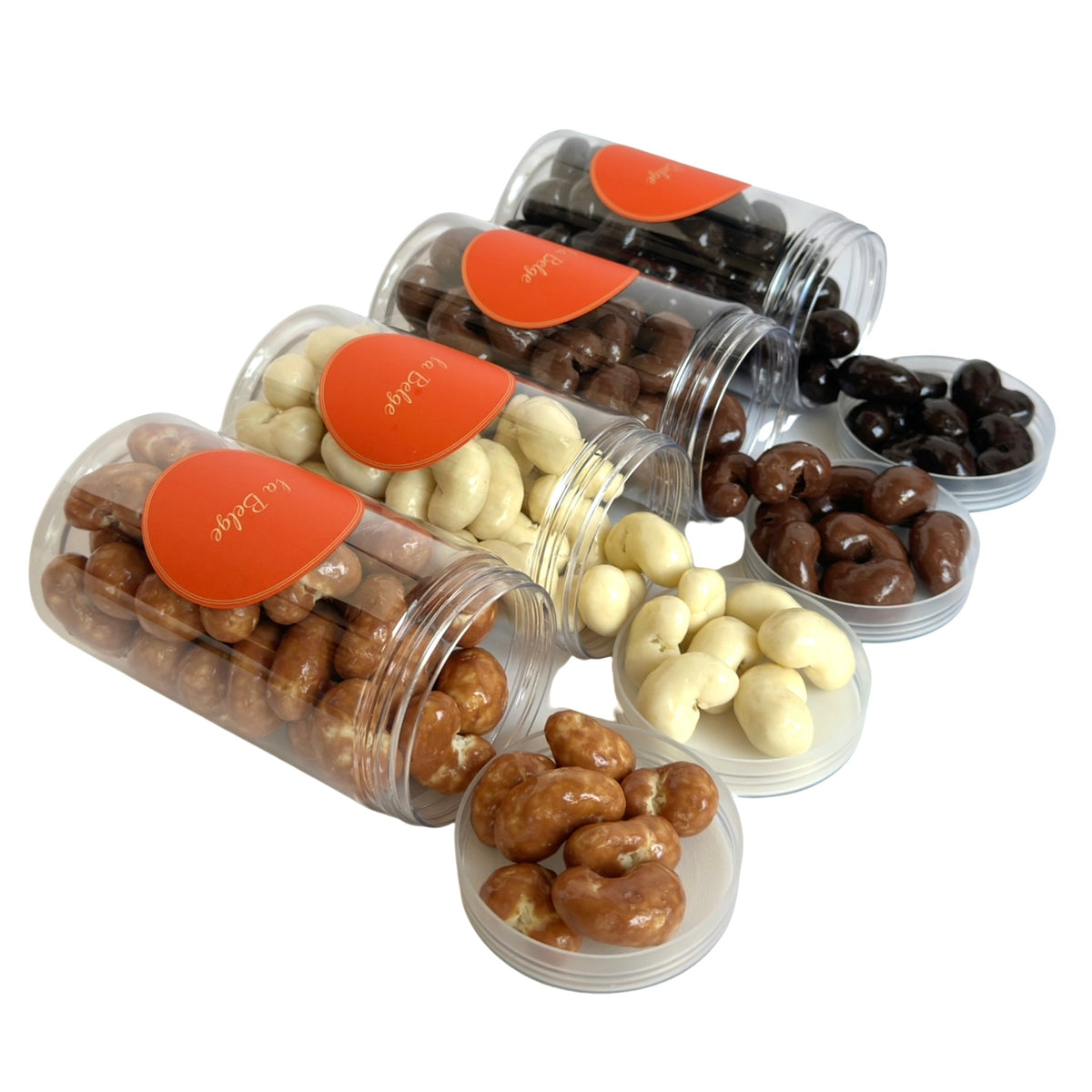 La Belge Cashew Lovers Selection with caramel, milk, white and dark chocolate covered cashews