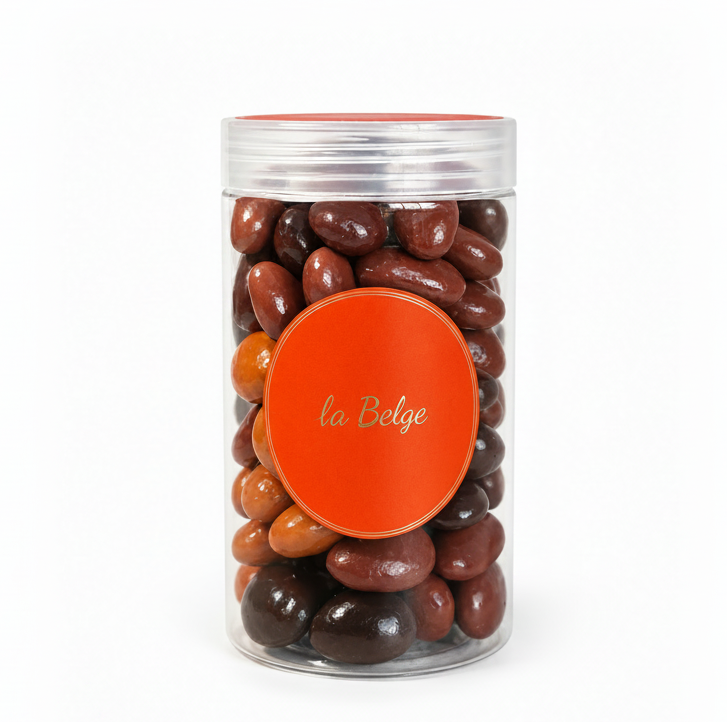 Premium coated almonds by La Belge, assorted chocolate coated nuts in jar