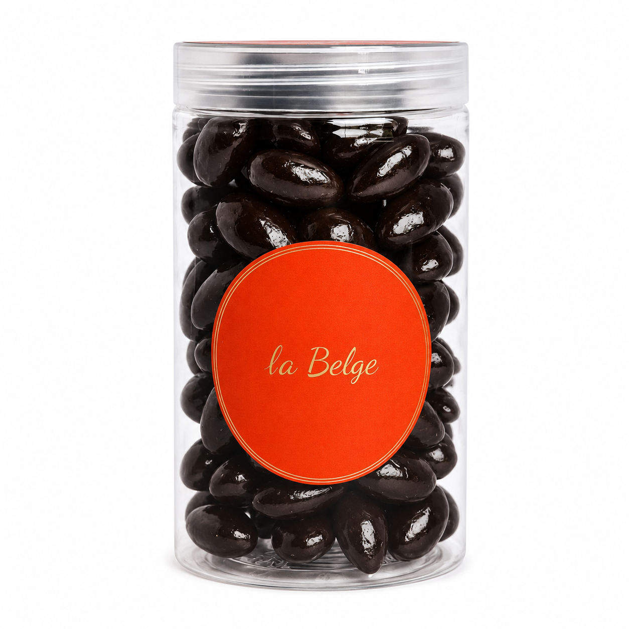 La Belge Dark Chocolate Almond in a premium clear cylinder filled with whole almonds coated in rich Belgian dark chocolate.