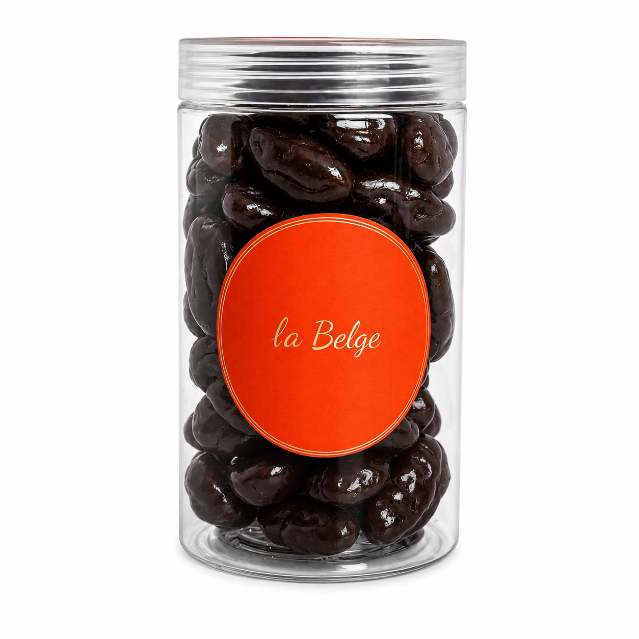 Premium Belgian dark chocolate coated pecans in a clear La Belge cylinder.