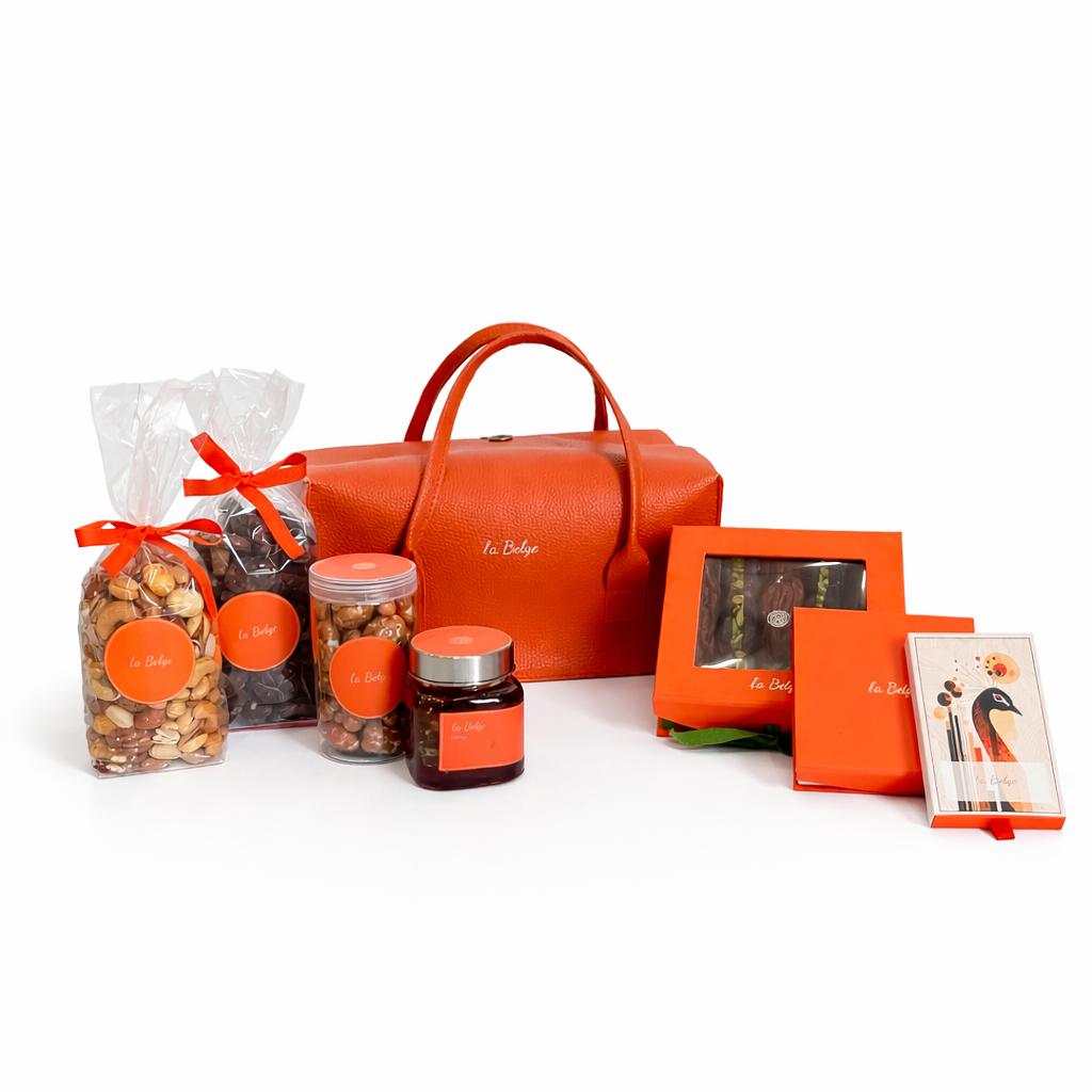 La Belge leather gift case with premium gourmet selection including honey in luxury packaging