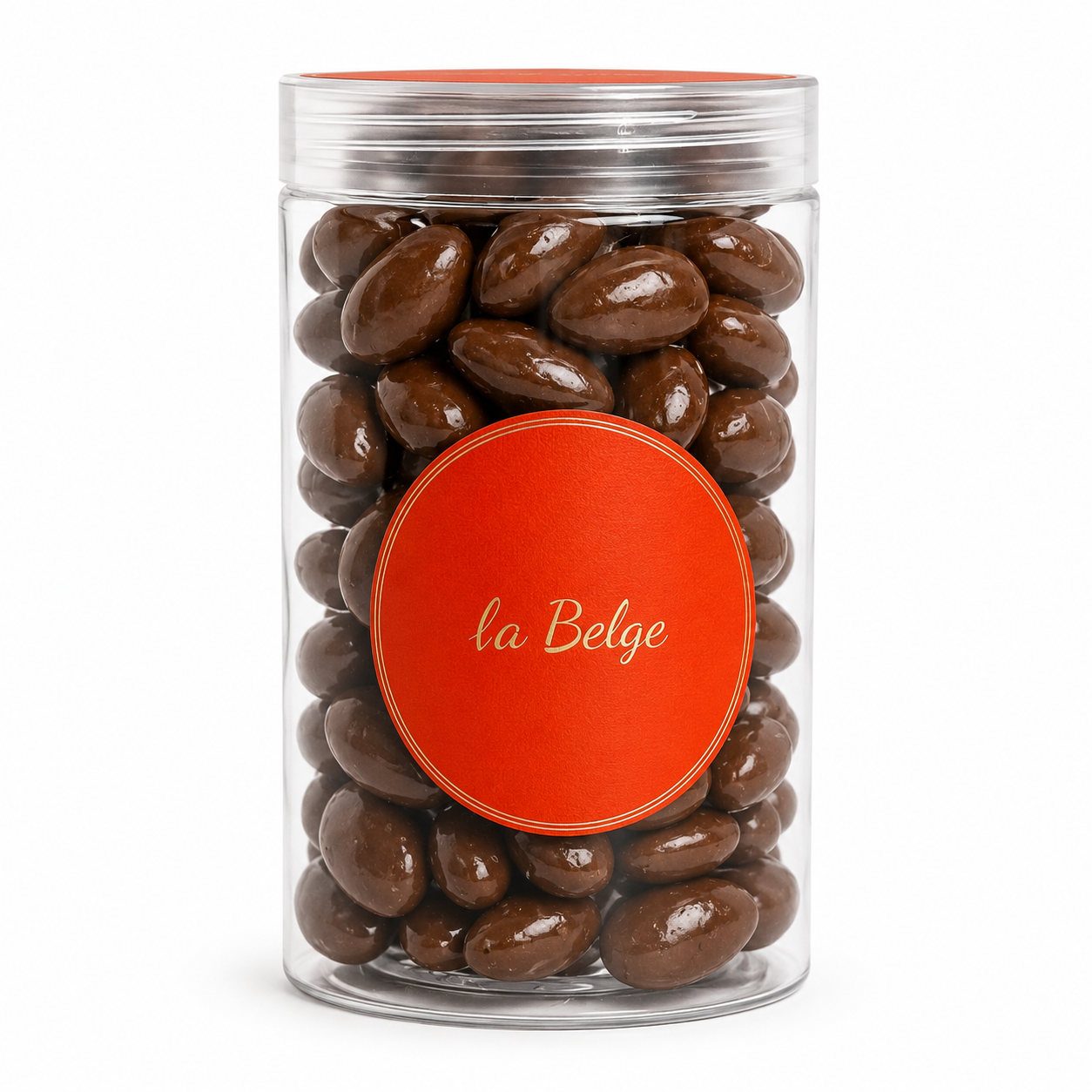 La Belge Milk Chocolate Almond in a premium clear cylinder filled with whole almonds coated in smooth Belgian milk chocolate.