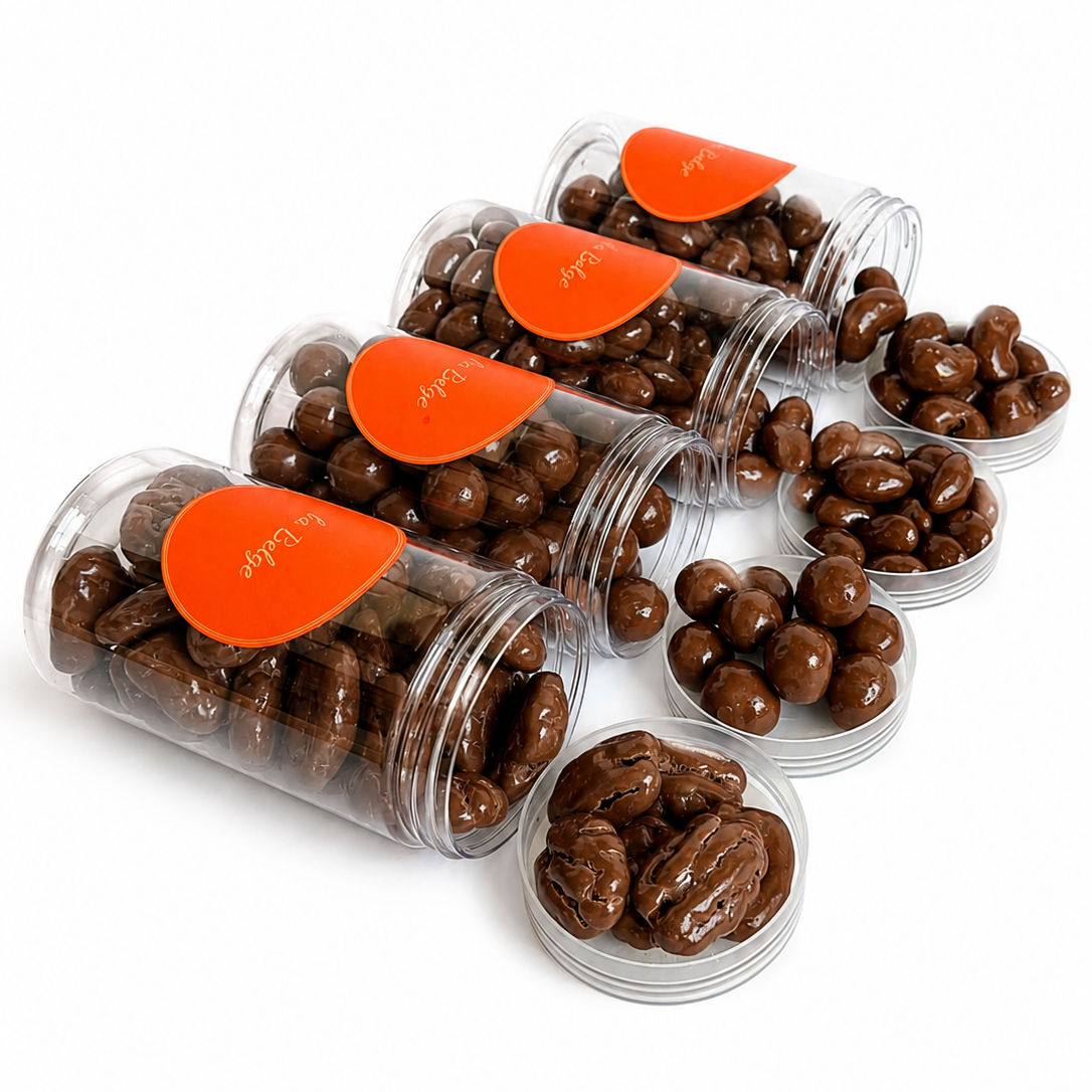 La Belge Milk Chocolate Selection with pecans, hazelnuts, almonds, and cashews