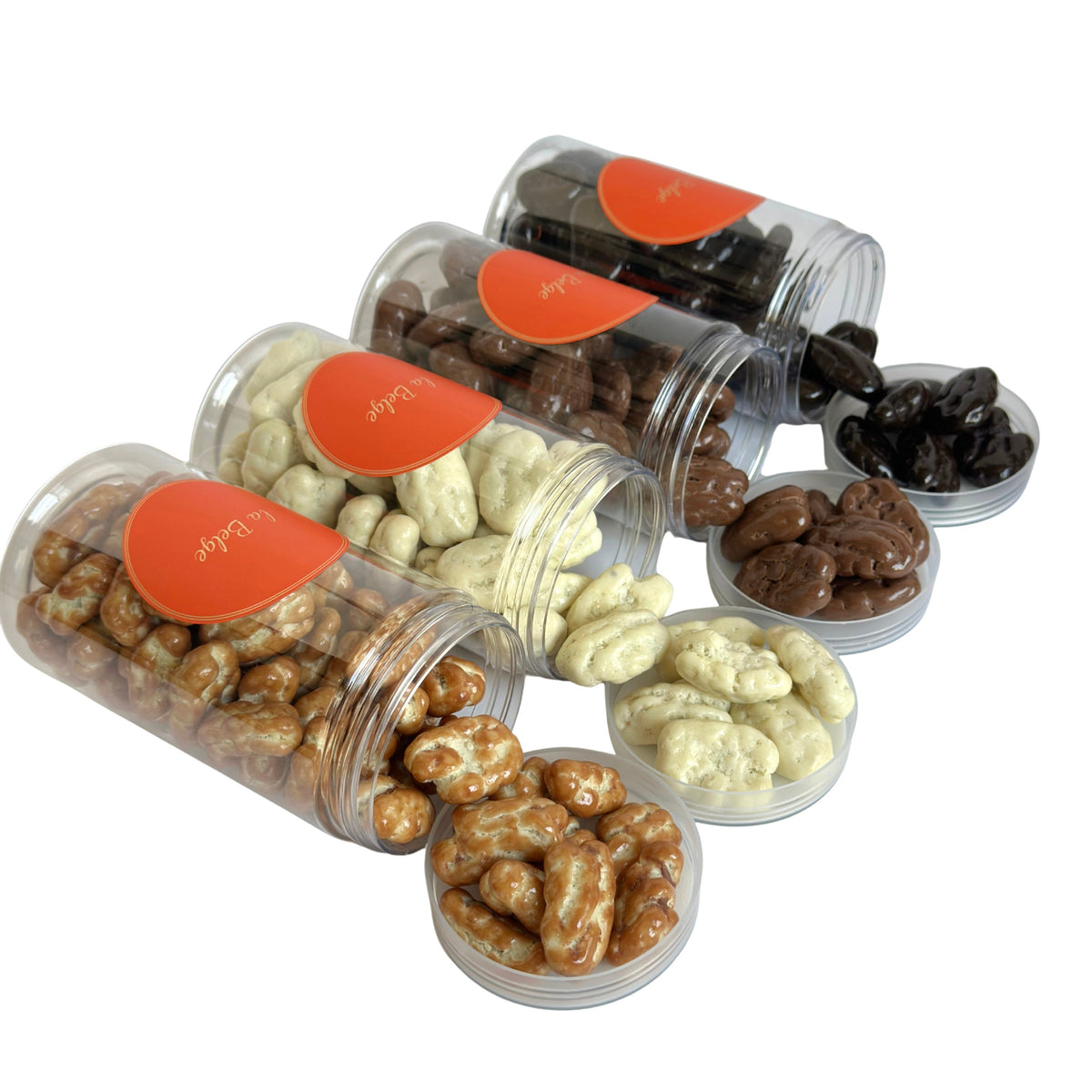 La Belge Pecan Lovers Selection with caramel, white, milk and dark chocolate pecans