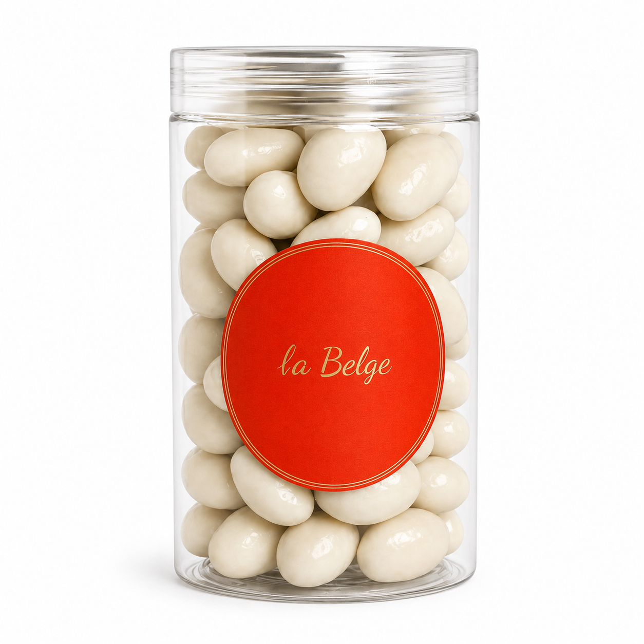 La Belge White Chocolate Almond in a premium clear cylinder filled with whole almonds coated in smooth Belgian white chocolate.