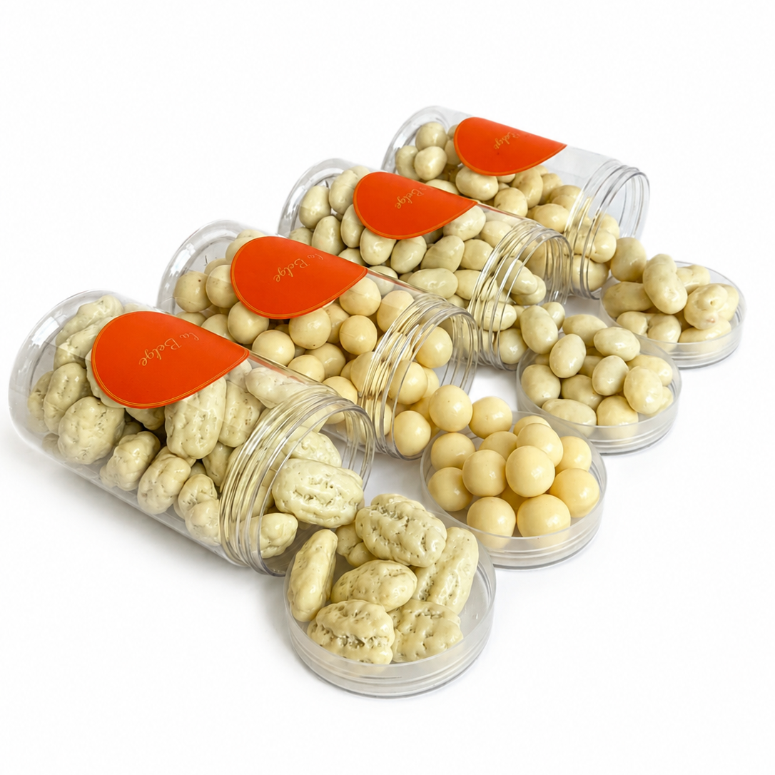 La Belge White Chocolate Selection with pecans, hazelnuts, almonds, and cashews