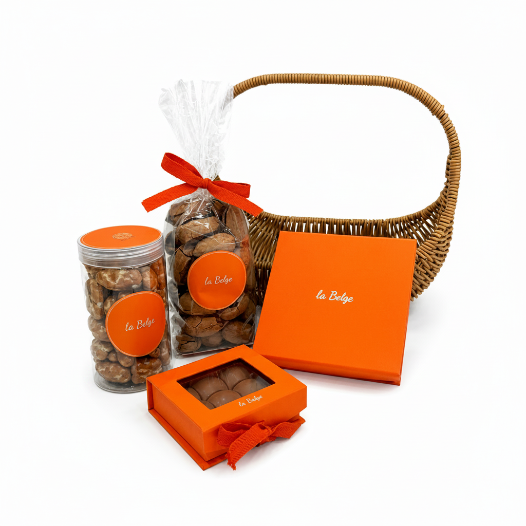 La Belge woven basket gift set with chocolate domes, coated pecans, and whole pecans in shell