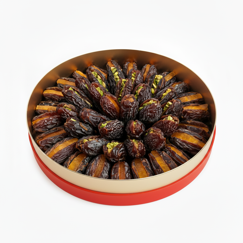 Open box of Medjool dates with pistachio and dried lemon