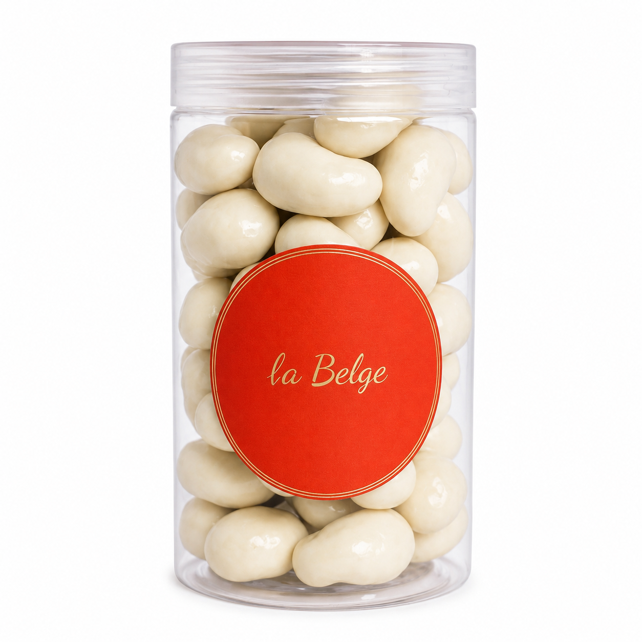 Clear jar filled with cashews coated in smooth Belgian milk chocolate by La Belge.
