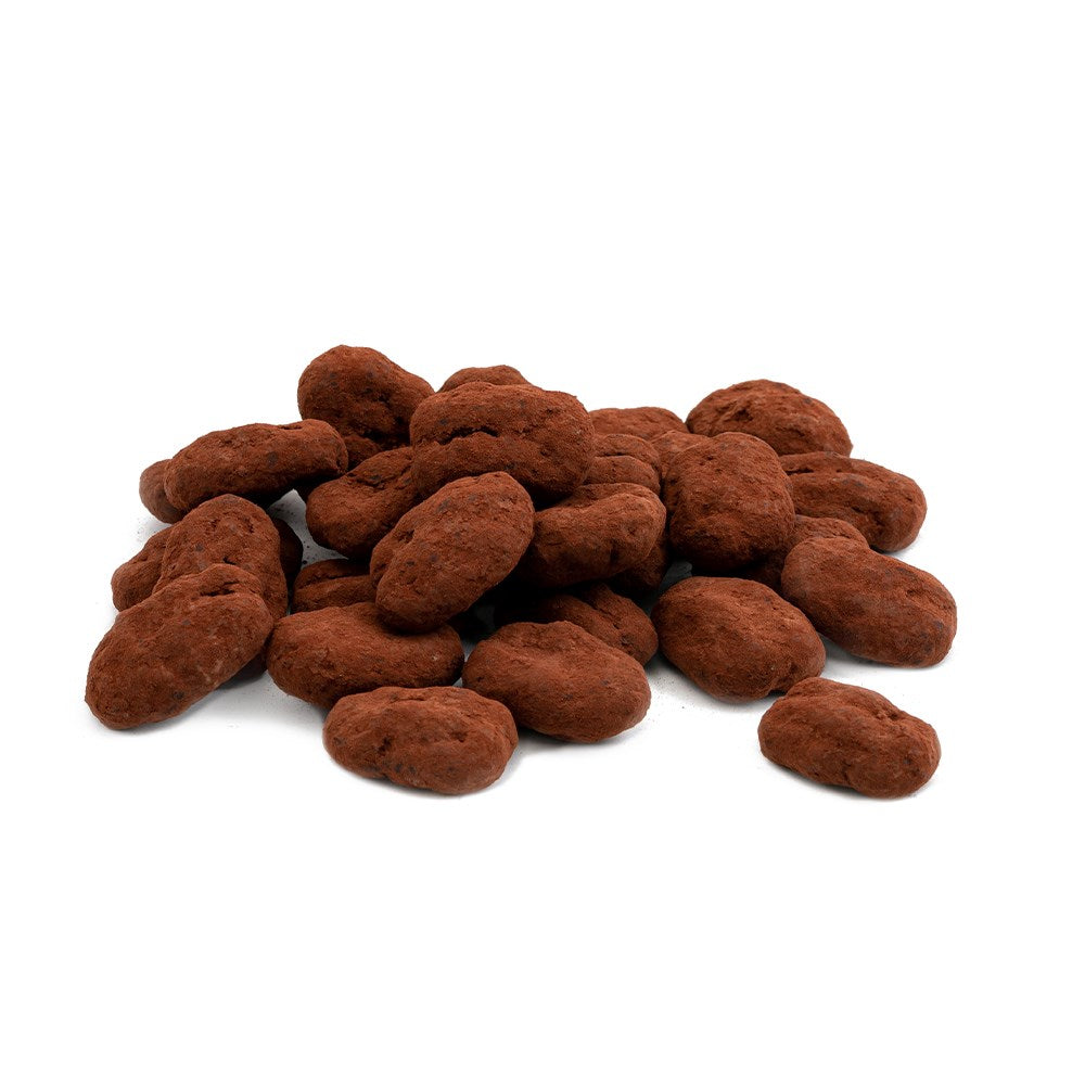Premium pecans coated in Belgian chocolate and dusted with fine cocoa powder by La Belge.