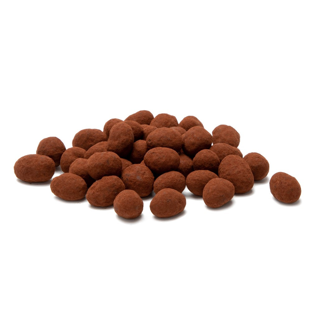 Premium roasted pistachios coated in Belgian chocolate and dusted with fine cocoa powder by La Belge.