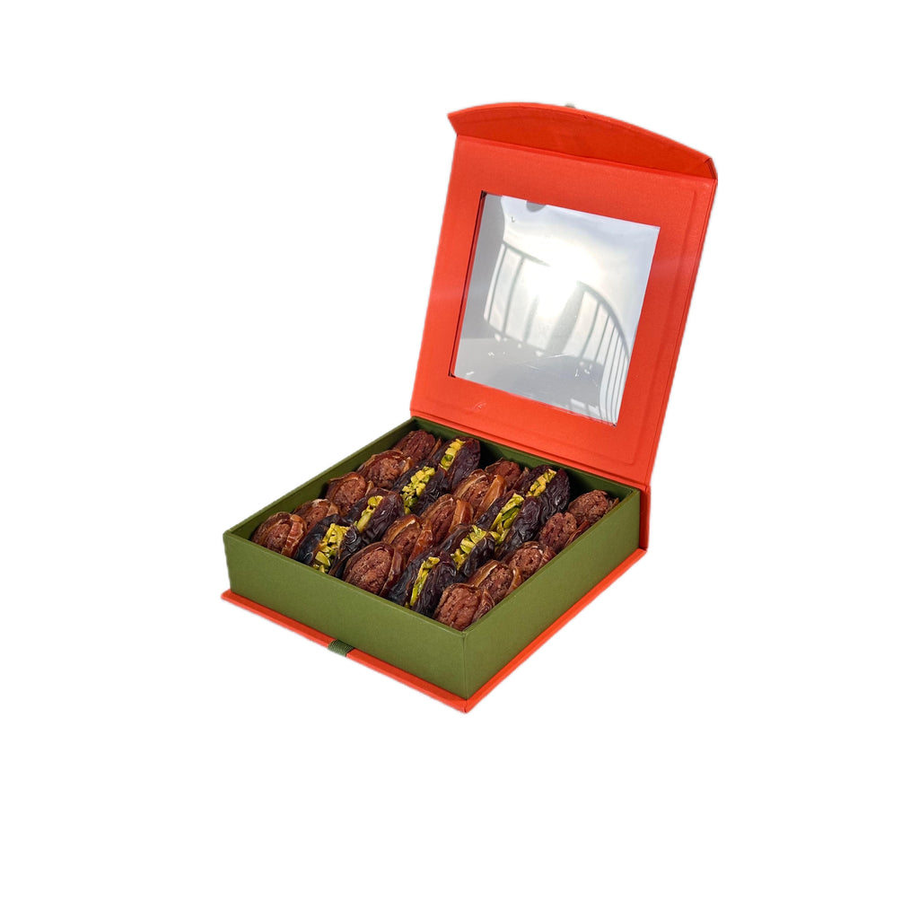 Premium stuffed Sagai and Medjool dates with pistachios and pecans in a La Belge gift box